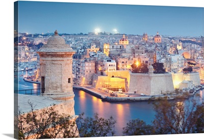 Malta, Valletta, Senglea, Lookout Tower And Valletta Grand Harbor