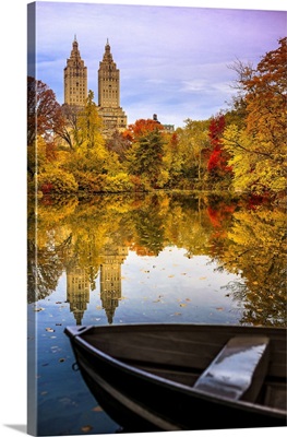 Manhattan, Central Park, Boat And San Remo Apartment Building In The Foliage