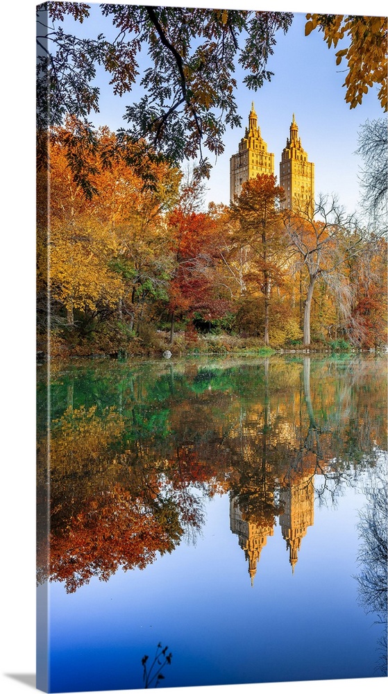 USA, New York City, Manhattan, Central Park, San Remo apartment building in the foliage
