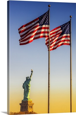 Manhattan, Liberty Island, Statue Of Liberty And American Flags