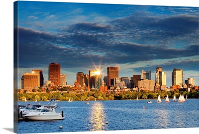 Massachusetts, Boston, View of the skyline at sunset from Charles River
