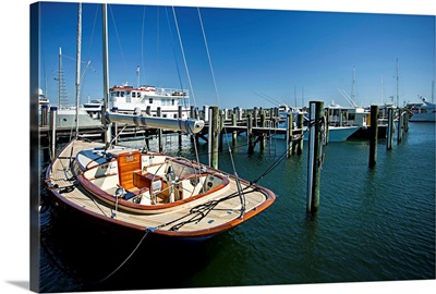 Massachusetts, Nantucket, docked wooden boat at Nantucket harbor