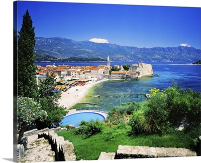Montenegro, Budva, View from Hotel Avala towards historical centre and citadel