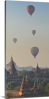 Myanmar, Hot air balloons over the Buddhist temples in the plain of Bagan