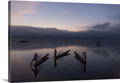 Myanmar, Shan, Inle Lake, Nyaungshwe, Three Fishermen With Tea Fires In Their Boats