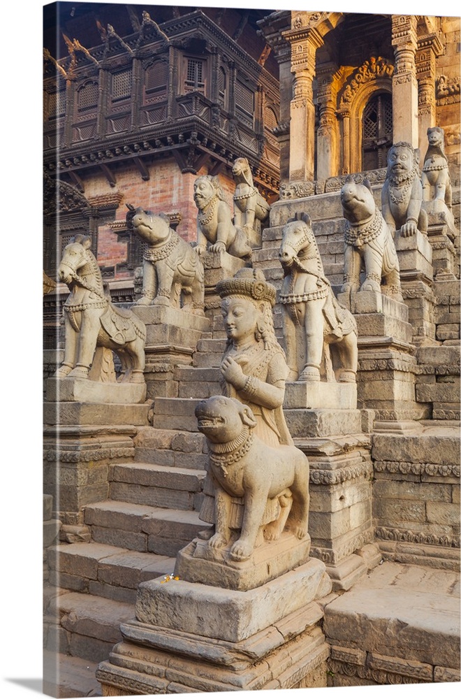 Nepal, Central, Bhaktapur, Bhadgaon, Temple building sculptures in Bhaktapur Durbar Square.