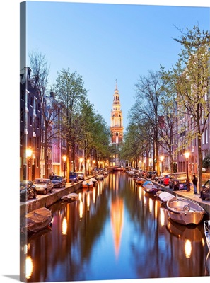 Netherlands, Benelux, Amsterdam, Montelbaan Tower At Oude Schans Illuminated At Dusk