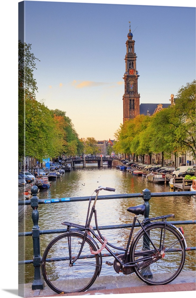 Netherlands, North Holland, Benelux, Amsterdam, Prinsengracht Westerkerk at sunset.
