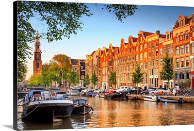 Netherlands, Benelux, Amsterdam, Prinsengracht Westerkerk at sunset