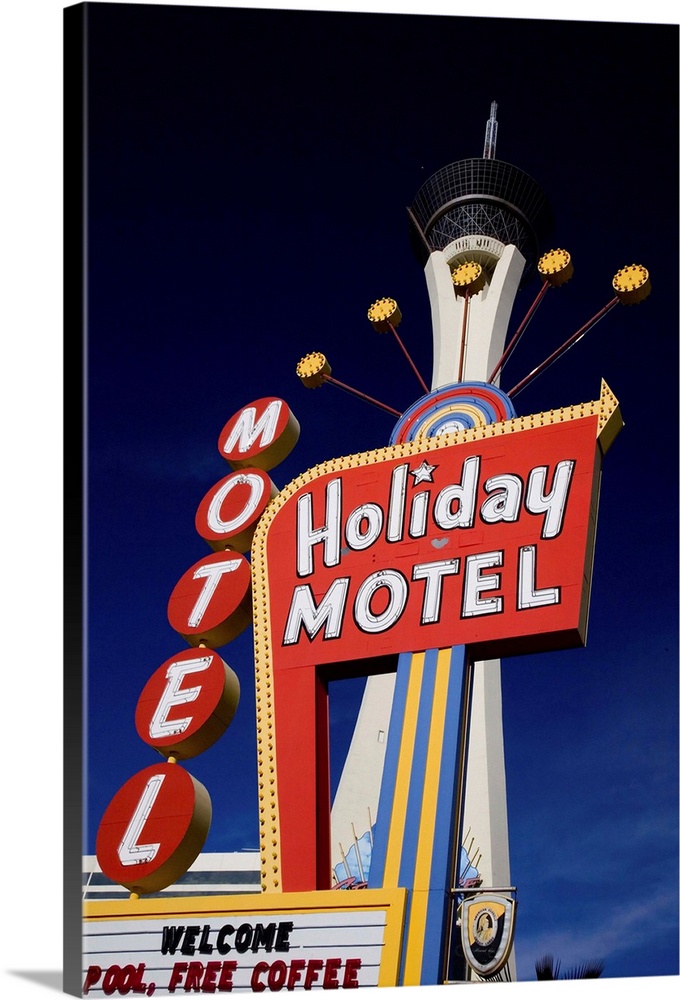 United States, USA, Nevada, Las Vegas, Motel sign and Stratosphere Tower in background
