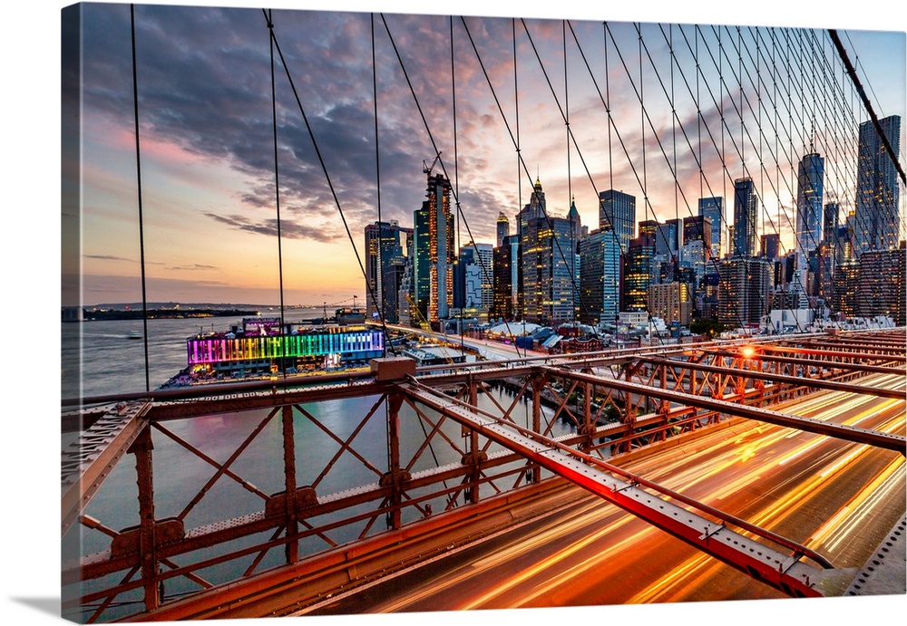 New York City, Brooklyn Bridge, Lower Manhattan views seen through suspension wire..