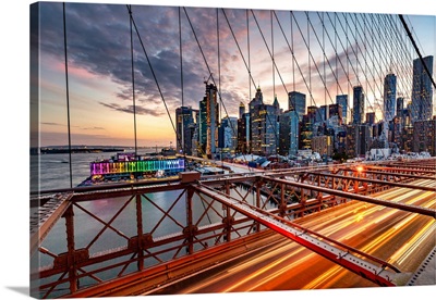 New York City, Brooklyn Bridge, Lower Manhattan Views Seen Through Suspension Wire.