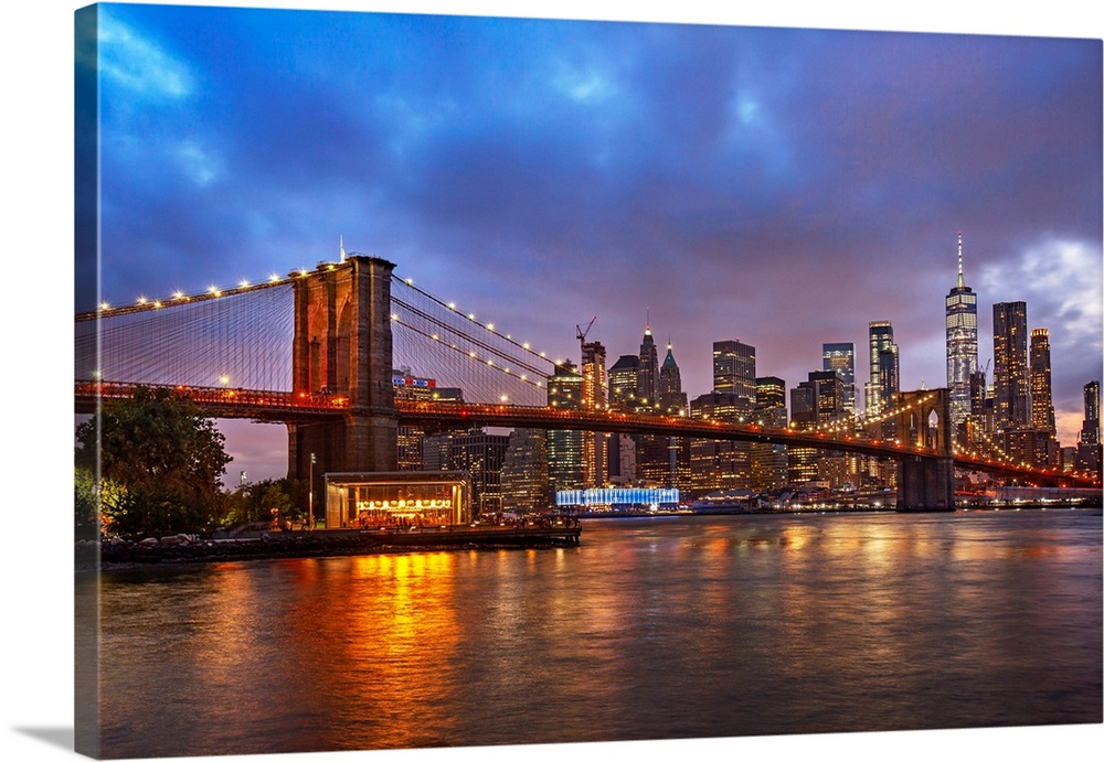 New York City, Brooklyn, Brooklyn Bridge Park, Bridge with Jane's Carousel and Lower Manhattan in the background..