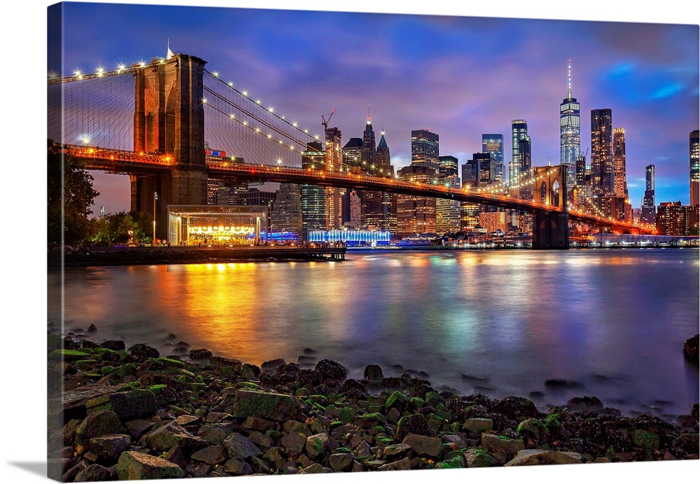New York City, Brooklyn, Brooklyn Bridge Park, Bridge with Jane's Carousel and Lower Manhattan in the background..