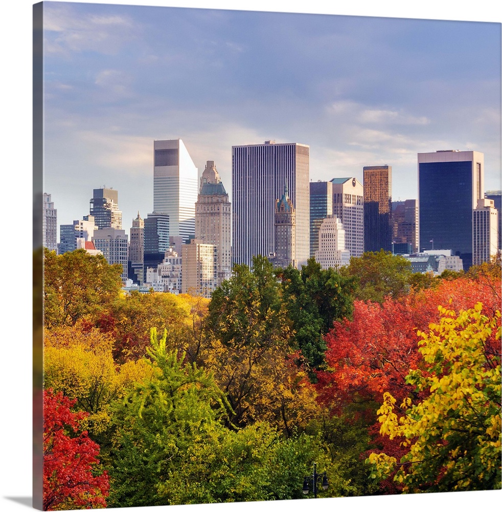 USA, New York City, Manhattan, Central Park, Central Park South skyline during fall foliage.