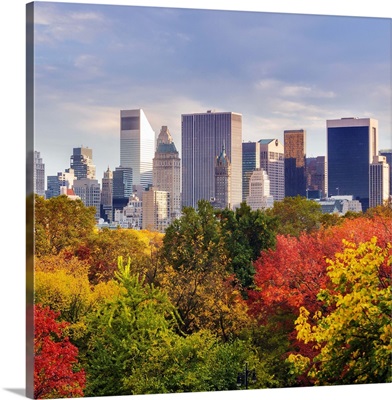 New York City, Central Park, Central Park South skyline during fall foliage