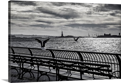 New York City, Hudson River With View Of Statue Of Liberty From Battery Park City