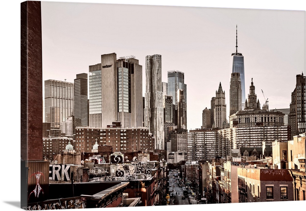 New York City, Lower Manhattan, Lower East Side skyline viewed from Manhattan Bridge.