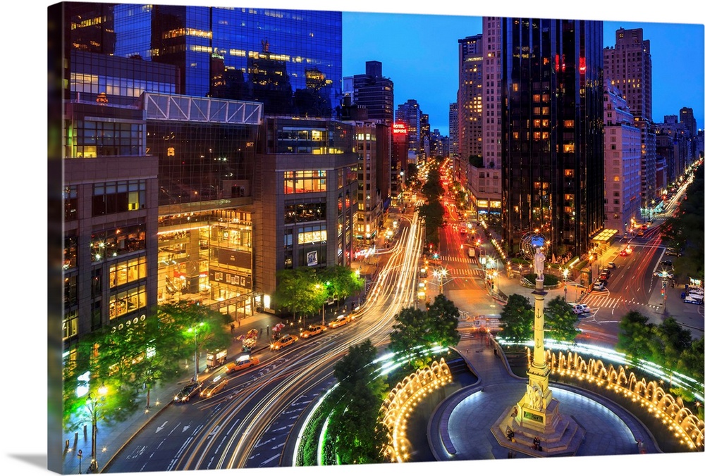 New York, New York City, Manhattan, Columbus Circle, Columbus Circle and Broadway at night.