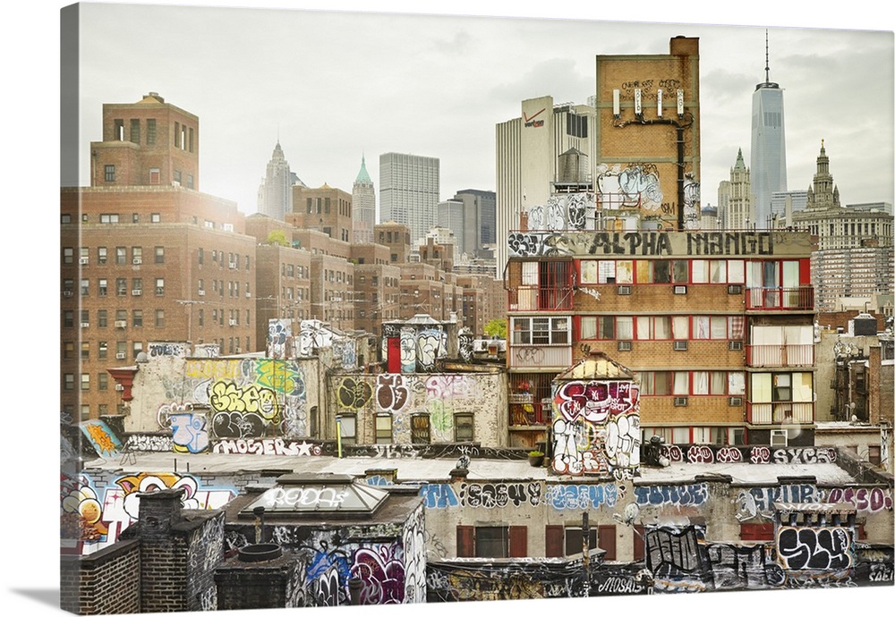 USA, New York City, Manhattan, Chinatown, Graffiti on buildings in Chinatown with Freedom Tower in the background.