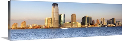 New York City, Manhattan, Jersey Skyline at dawn, view from South Cove Park