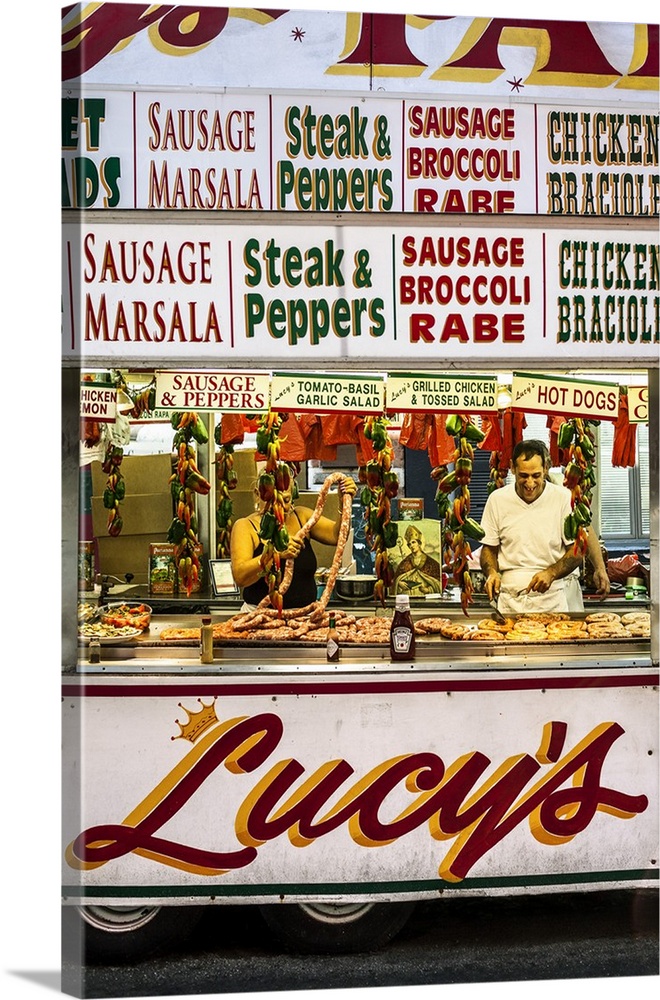 USA, New York City, Manhattan, Lower Manhattan, Little Italy, Grilled sausage stall, San Gennaro Feast, Little Italy.