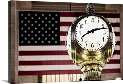 New York City, Manhattan, Midtown, Grand Central Station, Brass Clock And The US Flag
