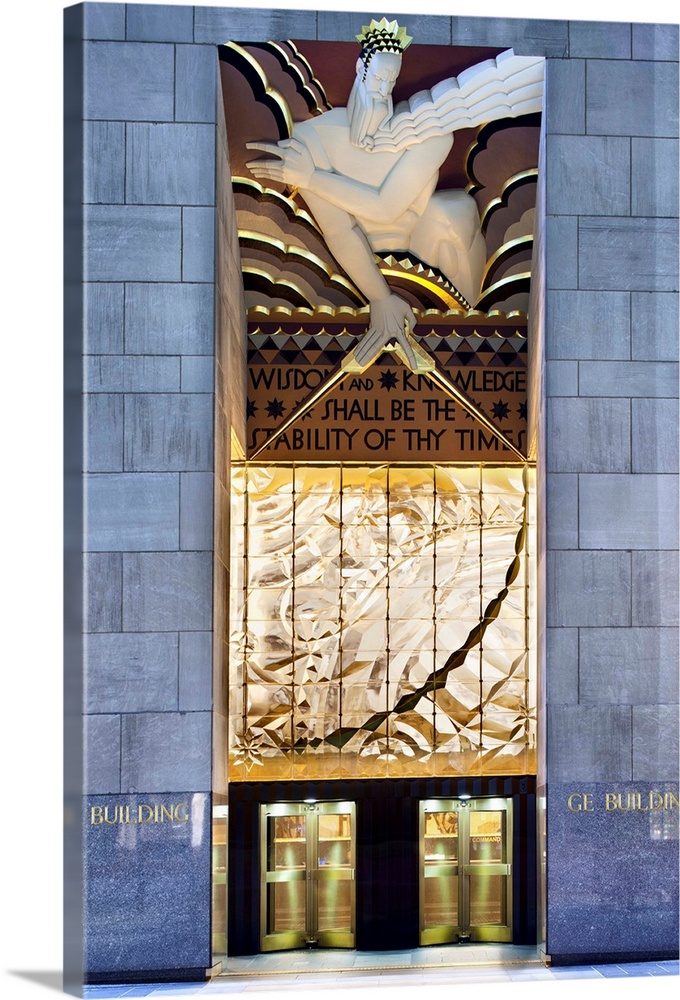 USA, New York City, Manhattan, Midtown, Rockefeller Center, The Art Deco artwork at the entrance to the GE (RCA) Building ...