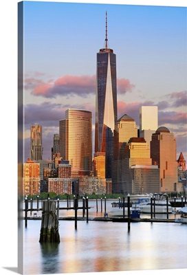 New York City, Manhattan, One World Trade Center, Freedom Tower, City skyline at sunset