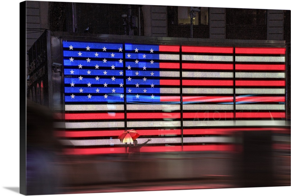 USA, New York City, Manhattan, Midtown, Times Square, Police station American flag.