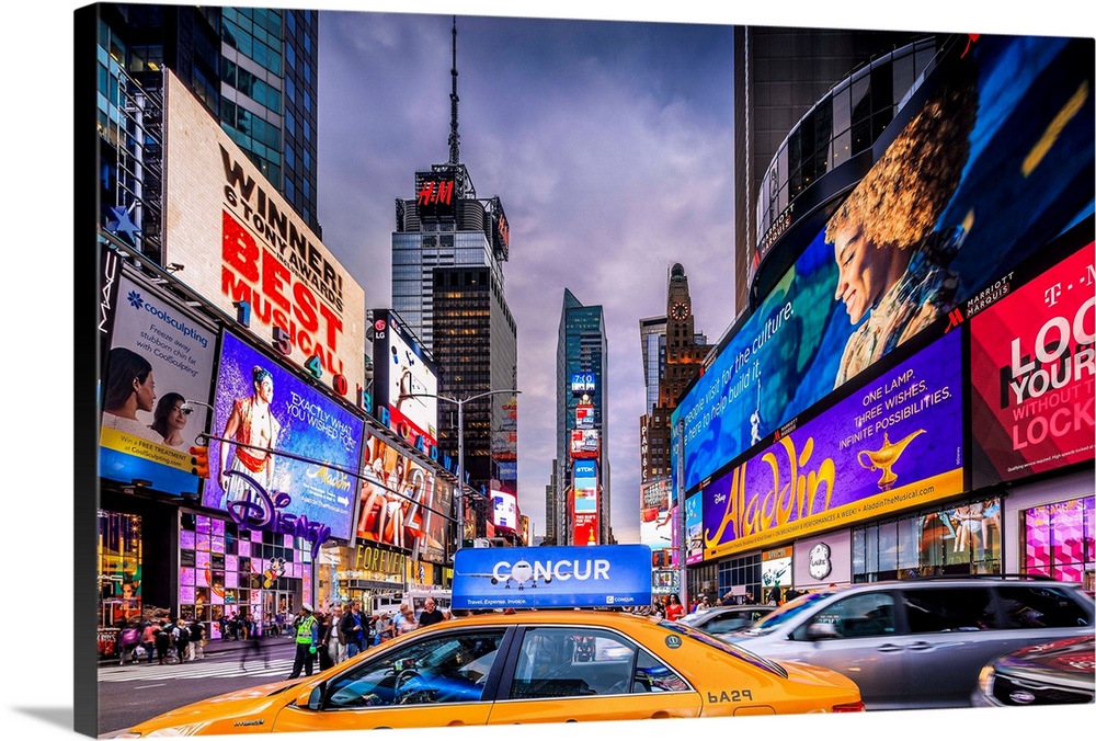 USA, New York City, Manhattan, Midtown, Times Square, Visitors at Times Square Pedestrian Mall and taxi.