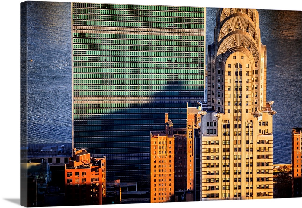 USA, New York City, Manhattan, Midtown, Chrysler Building, Aerial view towards Chrysler Building and United Nations Headqu...