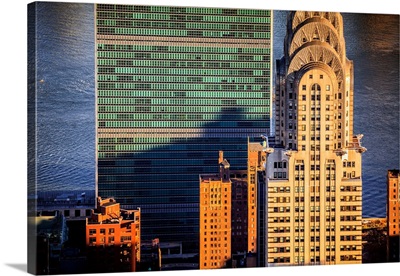 New York City, View Towards Chrysler Building And United Nations Headquarters, Sunset