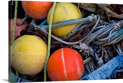 New York, Long Island, close up of fishing net, floats and rope