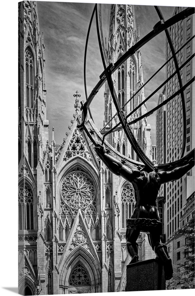 New York City, Manhattan, Midtown, Rockefeller Center's Atlas sculpture facing Saint Patrick's Cathedral.