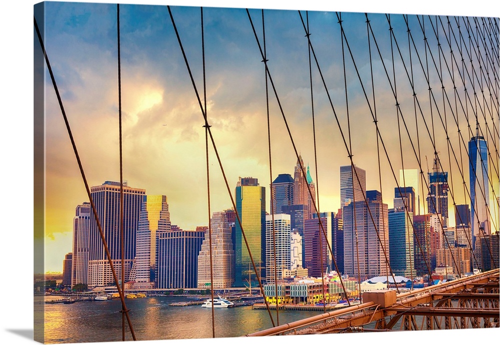 New York, New York City, Manhattan, Brooklyn Bridge and Downtown Manhattan.