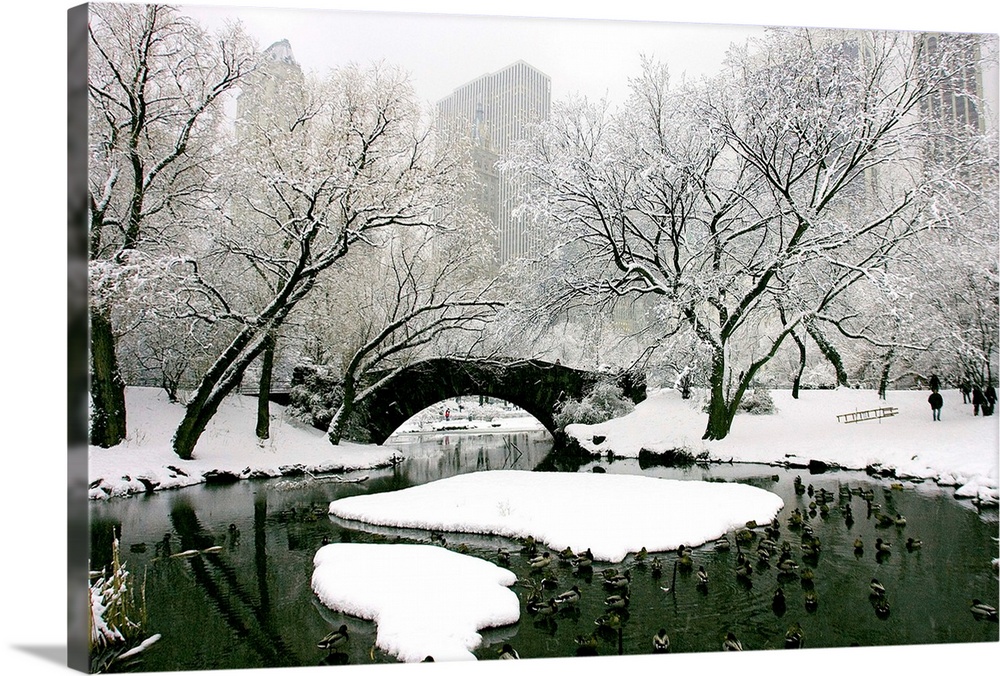 New York, New York City, Winter in Central Park, Pond and Gapstow Bridge.