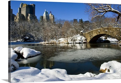 New York, New York City, Winter in Central Park, Pond and Gapstow Bridge