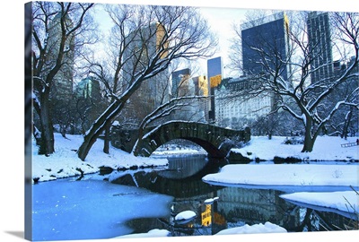 New York, New York City, Winter in Central Park, Pond and Gapstow Bridge