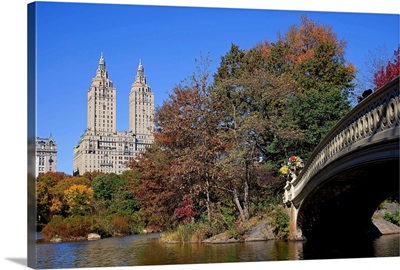 New York, NYC, Central Park, Bow Bridge, San Remo building in background