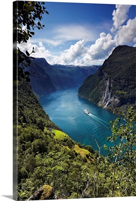 Norway, Ferry on Geirangerfjord at Seven Sisters Waterfall