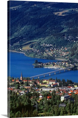Norway, Oppland, Lillehammer, Panoramic view of the town and the Mjosa lake
