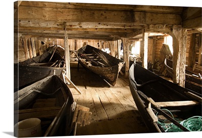 Norway, Vagsoy, Vagsvag village, old fishing boats at the Vagsberget Trading Post