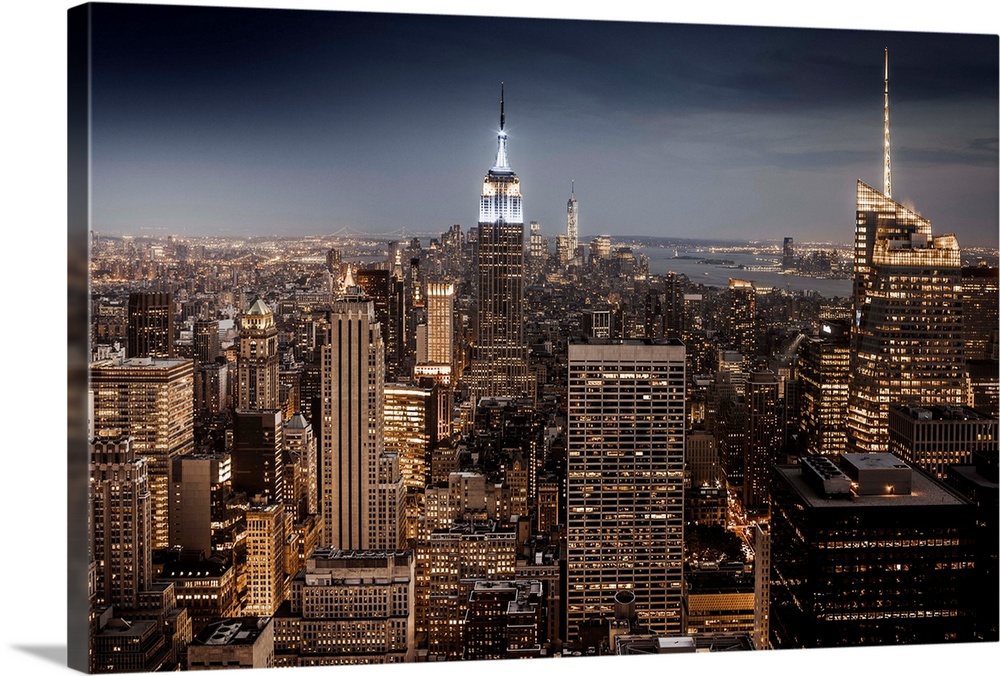 New York, New York City, Manhattan, Empire State Building, Cityscape from Top of the Rock at the Rockefeller Center.