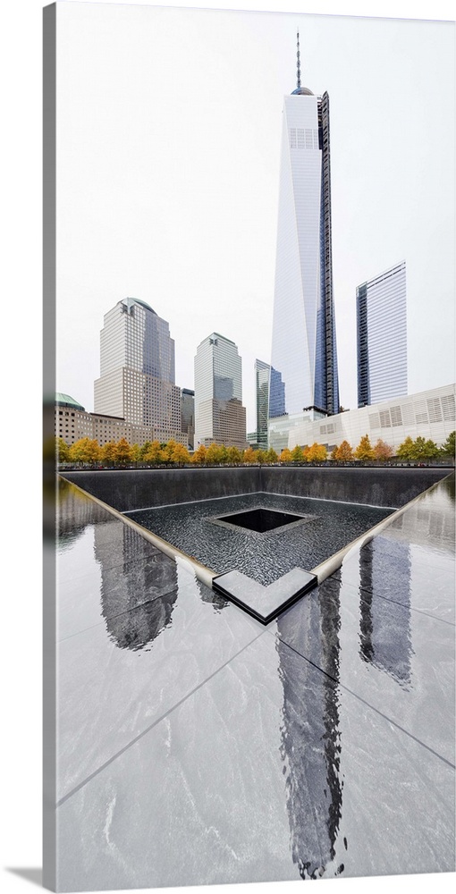 USA, New York City, Manhattan, Lower Manhattan, One World Trade Center, Freedom Tower, North Pool, Ground Zero in autumn.
