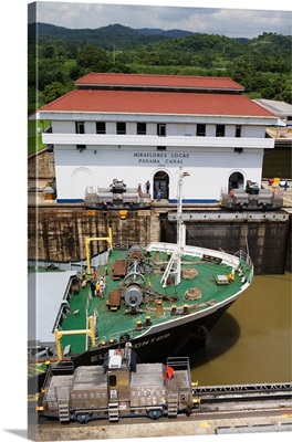 Panama, Panama Canal, container ship in Miraflores locks