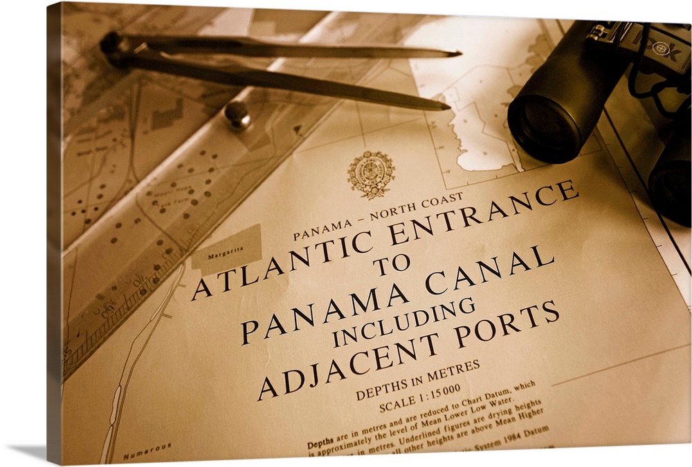 Panama, Panama Canal, maps and navigational instruments on boat