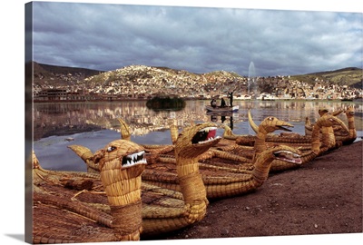 Peru, Puno, Lake Titicaca, Reed boats on Lake Titicaca