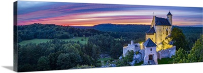Poland, Silesia, Bobolice, Clouds After The Sunset On Medieval Bobolice Castle At Dusk