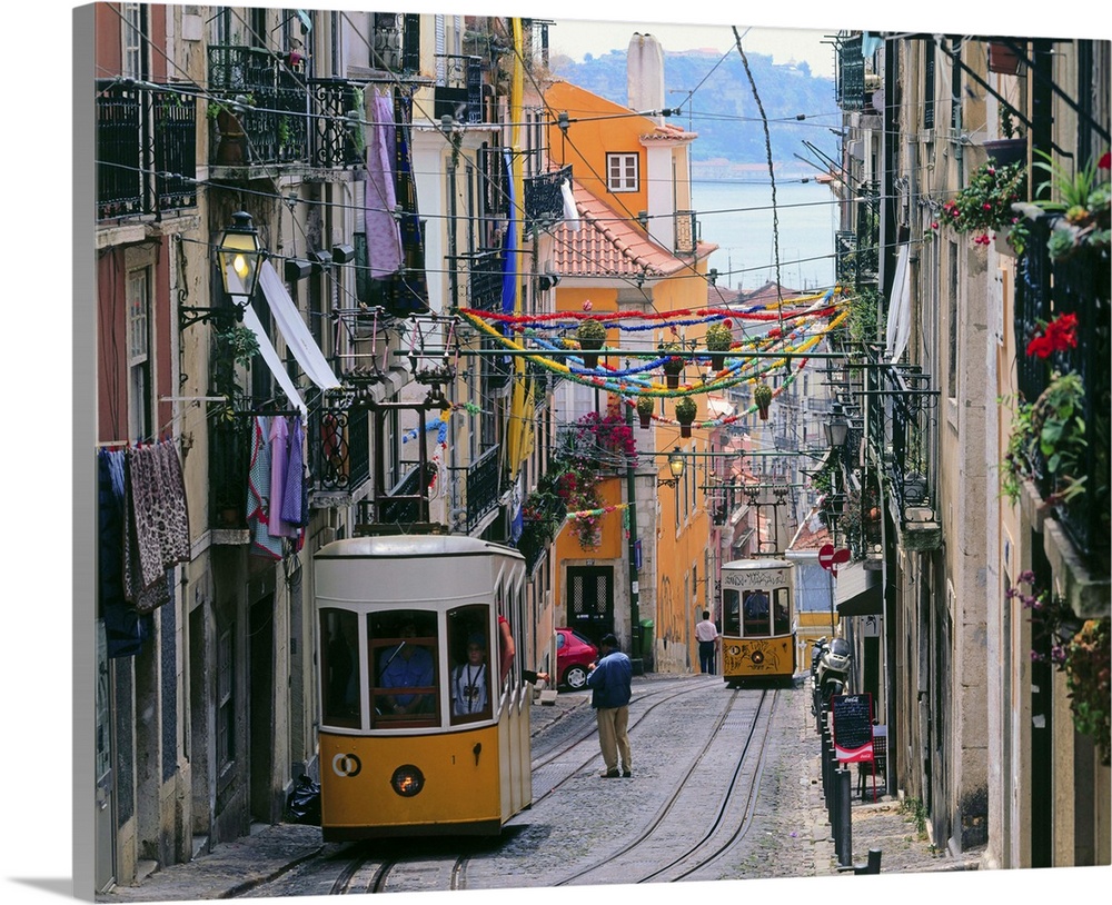 Retro Lisbon Red Tramcar Rainy Street 1 Panel Canvas Print Wall Art